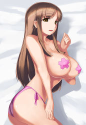  1girl ass bed bikini bikini_bottom_only blush breasts brown_eyes brown_hair cleavage female_focus huge_breasts hyuminone lying open_mouth smile solo swimsuit  rating:Questionable score:32 user:Furio