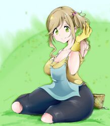  1girl blonde_hair breasts cleavage denim flatpancakesjim garden gardening gloves green_eyes inuyama_aoi jeans large_breasts long_hair looking_at_viewer outdoors pants side_ponytail simple_background sitting smile thick_thighs thighs torn_clothes torn_pants yurucamp 