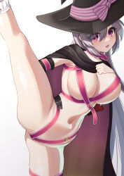  1girl :d alternate_breast_size ayachi_nene belt belt_bra belt_collar black_cloak blue_hair blush bow breasts cleavage cloak collar commentary_request commission cowboy_shot curvy eyes_visible_through_hair gluteal_fold grey_hair hair_between_eyes hand_on_own_chest hand_up hat hat_bow highres huge_breasts leg_up long_hair looking_at_viewer navel no_pants okayusonmu open_mouth paid_reward_available pink_belt pink_bow purple_eyes sanoba_witch simple_background skeb_commission skindentation smile solo split stomach straight_hair striped_bow textless_version thighs tsurime very_long_hair white_background witch_hat 