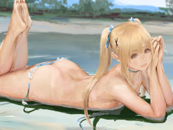 1girl ass bad_id bad_pixiv_id barefoot beach bikini bikini_bottom_only blonde_hair blue_eyes butt_crack choker dark_skin dark-skinned_female day dead_or_alive earrings feet hair_ornament jewelry lying marie_rose mumaya on_stomach outdoors partially_submerged soles solo swimsuit tan tanline the_pose topfreedom topless twintails water rating:Questionable score:66 user:danbooru