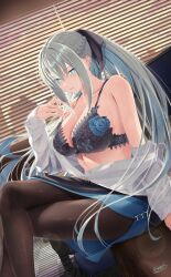  10330_illust 1girl absurdres bare_shoulders black_bow black_bra black_skirt blue-tinted_eyewear blue_eyes blush bow bra braid breasts collarbone collared_shirt dress_shirt fate/grand_order fate_(series) french_braid front-hook_bra grey_hair hair_bow highres lace lace-trimmed_bra lace_trim large_breasts long_hair long_sleeves looking_at_viewer morgan_le_fay_(chaldea_satellite_station)_(fate) morgan_le_fay_(fate) office_lady open_mouth original pantyhose pencil_skirt ponytail shirt sidelocks skirt smile solo thighhighs tinted_eyewear underwear urato_hotaru very_long_hair white_shirt 