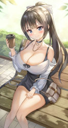 1girl absurdres bare_shoulders bench black_choker black_hair black_skirt blue_eyes bow breasts choker cleavage collarbone cup day disposable_cup hair_bow hair_ornament hairclip has_bad_revision has_downscaled_revision highres holding jewelry kitin large_breasts long_hair long_sleeves looking_at_viewer md5_mismatch necklace off-shoulder_shirt off_shoulder original outdoors park_bench ponytail resolution_mismatch shirt sitting skirt smile solo source_smaller thighs v-shaped_eyebrows white_shirt rating:Sensitive score:34 user:danbooru