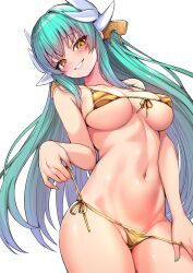  1girl absurdres aqua_hair bikini blush breasts cleavage dragon_girl dragon_horns fate/grand_order fate_(series) gold_bikini green_hair highres horns kiyohime_(fate) long_hair looking_at_viewer medium_breasts multiple_horns shiny_swimsuit simple_background smile solo stomach string_pull swimsuit wisespeak yellow_eyes  rating:Questionable score:25 user:danbooru
