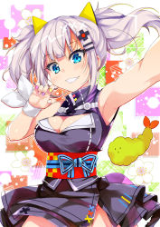  1girl arm_up armpits bare_shoulders black_dress blue_eyes blush breasts cleavage cleavage_cutout clothing_cutout commentary_request dress food grin hair_ornament hairclip head_tilt highres kaguya_luna large_breasts looking_at_viewer multicolored_nails nail_polish obi pink_nails porurin_(do-desho) purple_nails reaching reaching_towards_viewer sash selfie shrimp shrimp_tempura silver_hair sleeveless sleeveless_dress smile solo standing tempura the_moon_studio twintails virtual_youtuber white_nails yellow_nails 