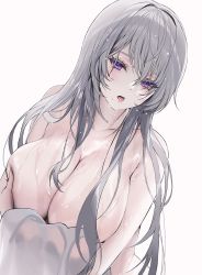:o bare_shoulders breast_hold breast_press breasts breasts_squeezed_together cleavage covered_erect_nipples covering_breasts covering_privates dripping grabbing grabbing_another&#039;s_breast grabbing_own_breast highres large_breasts lips looking_at_viewer makeup mascara mole mole_under_mouth nude open_mouth original purple_eyes silver_hair skindentation solo topless wet yoya_yogurt rating:Questionable score:27 user:danbooru