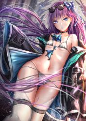  1girl amiya_(arknights) amiya_(arknights)_(cosplay) arknights bare_shoulders bikini black_jacket blue_bow blue_eyes blue_jacket blush bow breasts choker collarbone cosplay eyewear_on_head fate/extra fate/extra_ccc fate/grand_order fate_(series) grey_bikini hair_bow highres jacket kayjae long_hair long_sleeves looking_at_viewer meltryllis_(fate) multicolored_clothes multicolored_jacket navel open_clothes open_jacket parted_lips purple_hair sleeves_past_fingers sleeves_past_wrists small_breasts solo sunglasses sunglasses_on_head swimsuit thighhighs thighs two-tone_jacket very_long_hair white_thighhighs  rating:Sensitive score:17 user:danbooru