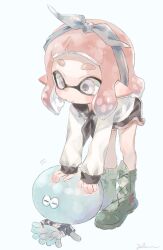  bike_shorts blue_ribbon boots green_footwear hair_ribbon highres inkling inkling_girl inkling_player_character jellyfish_(splatoon) nintendo pink_eyes pink_hair plum0o0 pointy_ears ribbon sailor simple_background splatoon_(series) splatoon_2 splatoon_3 suction_cups tentacle_hair white_background 
