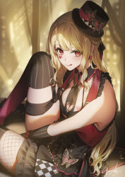  1girl :q black_dress black_gloves black_thighhighs blonde_hair breasts bug butterfly cleavage_cutout clothing_cutout dress facial_mark genyaky gloves hat heart highres insect long_hair luis_cammy luis_cammy_(7th_costume) medium_breasts mini_hat mole mole_under_mouth nijisanji red_eyes sitting sleeveless sleeveless_dress tattoo thighhighs tilted_headwear tongue tongue_out top_hat virtual_youtuber 