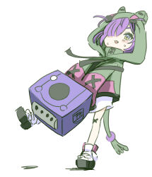  1girl animal_hood blush commentary eien_project english_commentary fang frog_hood game_console gamecube green_hoodie hair_over_one_eye holding hood hood_up hoodie lao_ren_xing long_sleeves one_eye_covered open_mouth pink_hoodie purple_hair short_hair simple_background sleeves_past_fingers sleeves_past_wrists solo standing standing_on_one_leg sweat two-tone_hoodie two_side_up virtual_youtuber white_background white_footwear yellow_eyes zumi_dokumi 