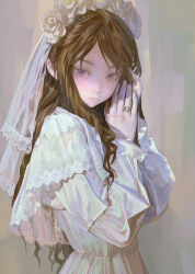  1girl artist_name bridal_veil brown_hair capelet closed_mouth commentary dress expressionless fkey flower flower_wreath gloves grey_eyes hands_up head_wreath highres jewelry lace lace_gloves long_hair long_sleeves looking_at_viewer original own_hands_together parted_bangs puffy_long_sleeves puffy_sleeves ring rose solo symbol-only_commentary upper_body veil very_long_hair white_capelet white_dress white_flower white_gloves white_rose white_veil 