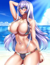1girl absurdres arm_behind_head arm_up beach bikini blue_eyes blue_sky blush breasts cleavage cloud commentary_request contrapposto day hair_between_eyes highres huge_breasts isabelle_(shadowverse) jewelry lips long_hair looking_at_viewer multicolored_hair nail_polish navel necklace outdoors parted_lips purple_hair shadowverse skindentation sky solo standing swimsuit tama_(tamakaka1031) teeth very_long_hair water rating:Sensitive score:54 user:danbooru