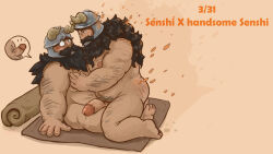  0_0 2boys bara beard blush dungeon_meshi dwarf english_text eye_contact facial_hair fake_horns from_side full_body galrock_art grabbing hairy helmet highres horned_helmet horns long_beard looking_at_another male_focus multiple_boys nude pectoral_grab penis plump profile selfcest senshi_(dungeon_meshi) thick_eyebrows thick_mustache uncensored very_long_beard wide-eyed yaoi 