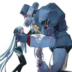  1girl bad_end black_skirt couple crossover crying damaged decepticon dying full_body hatsune_miku headgear long_hair machinery mecha monster pleated_skirt rkp robot science_fiction simple_background size_difference skirt soundwave_(transformers) thighhighs transformers transformers:_generation_1 twintails very_long_hair vocaloid white_background zettai_ryouiki  rating:Sensitive score:40 user:danbooru