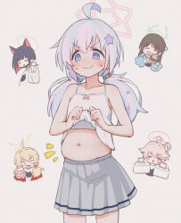  5girls @_@ after-school_sweets_club_(blue_archive) ahoge airi_(band)_(blue_archive) airi_(blue_archive) bag black_hair blonde_hair blue_archive blush blush_stickers breasts camisole closed_eyes closed_mouth collarbone food green_halo grey_skirt hair_ornament halo highres idou_kyoushitsu kazusa_(band)_(blue_archive) kazusa_(blue_archive) long_hair low_twintails macaron mint_chocolate multiple_girls natsu_(band)_(blue_archive) natsu_(blue_archive) navel open_mouth pink_hair pink_halo plastic_bag pleated_skirt plump purple_eyes purple_hair reisa_(blue_archive) short_hair skirt small_breasts smile star_(symbol) star_hair_ornament stomach twintails wavy_mouth weight_conscious white_camisole yellow_halo yoshimi_(band)_(blue_archive) yoshimi_(blue_archive) 