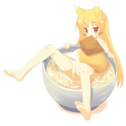 1girl aburaage animal_ears barefoot bowl censored convenient_censoring feet flat_chest food fox_ears fox_tail full_body in_bowl in_container in_food kitsune_udon loli meito_(maze) mini_person minigirl mouth_hold noodles nude soles solo spread_legs tail toe_scrunch toes tofu udon rating:Questionable score:50 user:danbooru