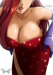  artist_name backless_outfit breasts cleavage dress elbow_gloves gloves head_out_of_frame highres jessica_rabbit large_breasts lips lipstick long_hair makeup open_mouth red_dress red_hair remchi301 signature white_background who_framed_roger_rabbit 