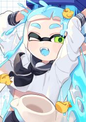  1girl bike_shorts blue_hair green_eyes highres holding holding_weapon inkling inkling_girl inkling_player_character nintendo one_eye_closed open_mouth paint paint_splatter pointy_ears rubber_duck sahata_saba shirt signature simple_background single_vertical_stripe splatoon_(series) splatoon_3 suction_cups tentacle_hair tri-slosher_(splatoon) weapon white_background white_shirt 