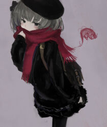  1girl alternate_costume bad_id bad_nicoseiga_id bag beret black_hat black_jacket black_pantyhose black_skirt blush brown_hair commentary_request enpera grey_background half-closed_eyes hand_up hat hatoba_tsugu inactive_account jacket kakashika long_sleeves looking_at_viewer one_side_up pantyhose red_scarf scarf scarf_over_mouth shoulder_bag simple_background skirt solo standing standing_on_one_leg tsugu_(vtuber) virtual_youtuber 