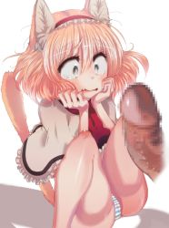  1girl alice_margatroid animal_ears bad_id bad_pixiv_id capelet cat_ears cat_tail censored cream_(nipakupa) fang kemonomimi_mode no_pants panties penis striped_clothes striped_panties tail touhou underwear  rating:Explicit score:6 user:danbooru