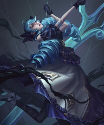 1girl arm_tattoo black_gloves blue_eyes blue_hair dress drill_hair gloves gwen_(league_of_legends) hair_between_eyes highres holding holding_scissors kgynh league_of_legends lolita_fashion long_hair looking_up parted_lips scissors short_sleeves sidelocks solo standing standing_on_one_leg tattoo twin_drills rating:General score:4 user:danbooru