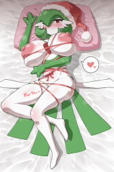1girl barefoot bed_sheet blush bob_cut body_writing bound breasts closed_mouth clothed_pokemon colored_skin creatures_(company) english_text female_focus from_above full_body fur-trimmed_headwear fur_trim game_freak gardevoir gen_3_pokemon green_hair green_skin groin hair_over_one_eye half-closed_eyes hand_up happy hat heart huge_breasts large_areolae legs looking_at_viewer lying multicolored_skin nintendo nipples nose_blush on_back one_eye_covered pillow pokemon pokemon_(creature) red_eyes red_hat red_ribbon ribbon ribbon_bondage santa_hat shiny_skin short_hair skindentation smile solo speech_bubble split_mouth spoken_heart steam steaming_body thighs torathi two-tone_skin white_skin