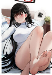  1girl absurdres angry bare_legs barefoot black_hair black_halo blue_archive border breasts feet foot_focus foot_out_of_frame foreshortening hair_ornament hairclip halo highres knees_up large_breasts legs long_hair no_pants parted_lips pillow presenting_foot red_eyes rio_(blue_archive) signature soles solo spoken_squiggle squiggle sweatdrop sweater thighs toenails toes turtleneck turtleneck_sweater very_long_hair white_border zeragoes  rating:Sensitive score:23 user:danbooru