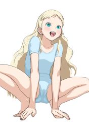  1girl aurore barefoot blonde_hair blue_eyes cameltoe feet flat_chest legs leotard loli long_hair open_mouth original simple_background sketch smile solo source_request spread_legs squatting takatou_sora white_background  rating:Questionable score:74 user:vutro