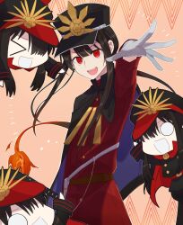  1boy :d black_cape black_hair black_hat cape chibi coat commentary_request fate/grand_order fate_(series) gloves hand_up hat highres kokiya long_sleeves looking_at_viewer mini_nobu_(fate) oda_nobukatsu_(fate) oda_uri open_mouth orange_background red_coat red_eyes simple_background smile solo_focus teeth upper_body upper_teeth_only white_gloves 