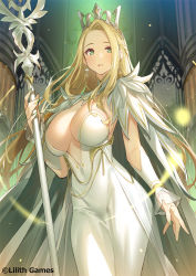  1girl afk_arena belinda_(afk_arena) blonde_hair blush breasts center_opening cleavage cloak copyright_notice covered_navel cowboy_shot crown detached_sleeves dress earrings facing_viewer forehead green_eyes green_nails indoors jewelry large_breasts lilith_games long_hair looking_at_viewer mole mole_under_eye nail_polish no_bra official_art parted_bangs parted_lips popqn staff standing white_cloak white_dress  rating:Sensitive score:95 user:danbooru