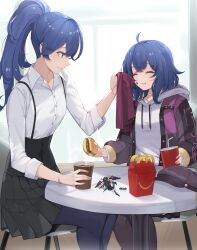  2girls :t absurdres adapted_costume ahoge alternate_hairstyle black_pantyhose black_skirt blue_eyes blue_hair bracelet burger buttons closed_eyes closed_mouth collarbone cup disposable_cup eating fast_food fire_emblem fire_emblem_awakening food food_on_face french_fries grima_(fire_emblem) happy_meal hat unworn_hat unworn_headwear highres holding holding_food hood jewelry long_hair long_sleeves lucina_(fire_emblem) mcdonald&#039;s morgan_(fire_emblem) mother_and_daughter multiple_girls nintendo pantyhose ponytail ritence shirt short_hair sitting skirt smile soda white_shirt 