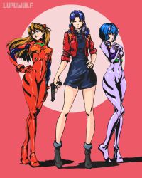 3girls absurdres artist_request ayanami_rei black_dress blue_eyes blue_hair bodysuit breasts brown_hair cross cross_necklace curvy dress floating_hair full_body gun hand_on_own_hip highres holding holding_gun holding_weapon jacket jewelry katsuragi_misato lips long_hair looking_at_viewer looking_to_the_side lupuwulf medium_breasts multiple_girls necklace neon_genesis_evangelion open_clothes open_jacket plugsuit red_bodysuit red_eyes red_jacket shiny_clothes short_dress short_hair souryuu_asuka_langley standing weapon white_bodysuit wide_hips