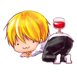  1boy :3 ass bad_id bad_pixiv_id blonde_hair chibi cup drinking_glass earrings fate/zero fate_(series) gilgamesh_(fate) jewelry koshika_rina male_focus necklace short_hair solo viceco03talis wine_glass 