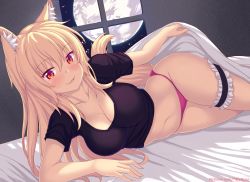 1girl :3 puff_of_air animal_ear_fluff animal_ears bed bed_sheet black_shirt blanket blonde_hair blouse blush breasts bridal_garter cat_ears cat_tail cleavage collarbone fang fang_out frills highres indoors long_hair looking_at_viewer lying medium_breasts moon navel night night_sky no_pants nottytiffy on_bed on_side original panties pink_panties pov_across_bed red_eyes shirt short_sleeves sky smile smug solo t-shirt tail thigh_strap tiffy_(nottytiffy) underwear window rating:Sensitive score:124 user:danbooru