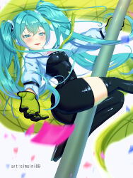  1girl absurdres artist_name black_bodysuit black_footwear black_gloves blush bodysuit boots breasts flagpole from_side gloves goodsmile_racing green_gloves hair_between_eyes hatsune_miku highres medium_breasts open_hand open_mouth outstretched_arm racing_miku racing_miku_(2022) shrug_(clothing) simsini smile solo thigh_boots twintails twisted_torso two-tone_gloves vocaloid 
