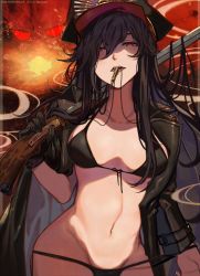  1girl bikini black_hair black_hat breasts bullet chain cleavage collarbone fate/grand_order fate_(series) female_focus gloves hat jacket jewelry long_hair looking_at_viewer march_ab medium_breasts oda_nobunaga_(fate) oda_nobunaga_(koha-ace) open_mouth red_eyes solo swimsuit weapon  rating:Questionable score:20 user:Ashur