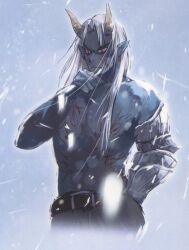 1boy abdominal_line blue_sky closed_mouth hand_up horns long_hair no_shirt ogre pectorals re:monster red_eyes rou_(re:monster) serious sky snow very_long_hair white_hair