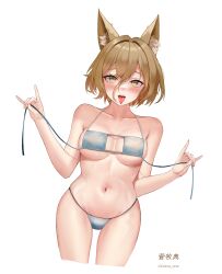  1girl absurdres animal_ear_fluff animal_ears armpit_crease artist_name bare_arms bare_shoulders bikini blonde_hair blue_bikini blush breasts breasts_apart collarbone commentary cowboy_shot cropped_legs curvy dobostorte double-parted_bangs double_fox_shadow_puppet eyelashes fox_ears fox_girl fox_shadow_puppet groin hair_between_eyes hair_intakes halterneck hands_up highres holding holding_clothes holding_swimsuit kudamaki_tsukasa large_breasts looking_at_viewer midriff naughty_face navel no_tail open_mouth presenting shiny_skin short_hair simple_background slit_pupils solo stomach swimsuit teeth thighs tongue tongue_out touhou tsurime twitter_username upper_teeth_only w_arms white_background yellow_eyes  rating:Sensitive score:11 user:danbooru