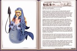 1girl animal_hands blonde_hair blue_eyes blush breasts character_profile cleavage english_text hard-translated kenkou_cross long_hair looking_at_viewer medium_breasts midriff mittens monster_girl monster_girl_encyclopedia navel official_art polearm seal_(animal) selkie_(monster_girl_encyclopedia) selkie_(mythology) spear third-party_edit translated weapon rating:Sensitive score:75 user:danbooru