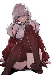 1girl armored_core armored_core_6 ayre_(armored_core_6) braid bright_pupils brown_thighhighs colored_eyelashes feet highres jacket las91214 looking_at_viewer multicolored_hair open_clothes open_jacket panties red_eyes red_jacket shiny_clothes shiny_legwear shirt short_hair single_braid sitting sleeveless sleeveless_shirt smile thighhighs underwear white_hair white_pupils  rating:Sensitive score:14 user:danbooru