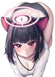  1girl absurdres animal_ears ass black_hair black_panties blue_archive blush breasts cat_ears cleavage closed_mouth collarbone colored_inner_hair condom condom_wrapper extra_ears hair_ornament hairclip halo highres kazusa_(blue_archive) large_breasts long_sleeves looking_at_viewer metaljelly mouth_hold multicolored_hair panties pink_hair pink_halo red_eyes shirt short_hair simple_background solo underwear white_background white_shirt 