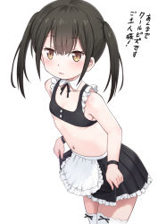 1girl black_skirt breasts brown_eyes brown_hair commentary_request loli looking_at_viewer maid meow_(nekodenki) midriff navel original simple_background skirt small_breasts solo thighhighs translation_request twintails white_background white_thighhighs rating:Questionable score:65 user:danbooru