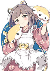  1girl animal_costume animal_ears animal_hands animal_print apron blunt_bangs blush brown_eyes chinese_new_year chinese_zodiac circle closed_mouth cowboy_shot dot_nose frilled_apron frills gloves grey_hair hands_up head_tilt japanese_clothes kimono kuresuku_(lessons) long_sleeves looking_at_viewer medium_hair original patterned_clothing paw_gloves pink_kimono short_eyebrows smile solo stuffed_animal stuffed_toy tail thick_eyebrows thick_eyelashes tiger_costume tiger_ears tiger_paws tiger_print tiger_tail v-shaped_eyebrows white_apron white_background wide_sleeves year_of_the_tiger 