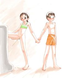  1boy 1girl bottomless bulge cleft_of_venus embarrassed erection erection_under_clothes flat_chest girl+boy_peeing_together gouchin_(nyou-tou) holding_hands loli long_legs no_panties pee peeing penis pussy shorts shota skinny standing uncensored urinal urinal_use  rating:Explicit score:153 user:danbooru