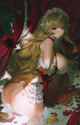 &gt;_&lt; 1girl absurdres apron ass azur_lane bare_shoulders bath bathtub bird blonde_hair blue_eyes bottomless bow bowtie breasts chick choker colored_tips cowboy_shot curtain_grab curtains detached_sleeves duck eyeliner fingerless_gloves flower frilled_apron frills from_behind gloves green_eyes highres howe_(azur_lane) howe_(pastry_princess)_(azur_lane) large_breasts leaf leaning_forward long_hair looking_at_viewer looking_back maid_headdress makeup multicolored_hair naked_apron nike_(nike1060) official_alternate_costume petals petals_on_liquid red_flower red_gloves red_hair solo streaked_hair two-tone_hair very_long_hair wading wavy_hair wet white_apron white_bow white_bowtie rating:Questionable score:44 user:danbooru
