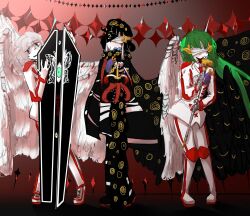  1girl 2boys coat e.g.o_(project_moon) formal highres holding holding_staff holding_weapon lobotomy_corporation multiple_boys non-web_source original project_moon staff suit weapon wings 