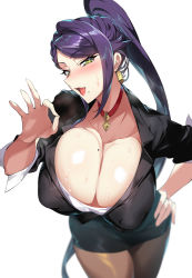 1girl black_jacket black_pantyhose black_skirt blurry breasts brown_pantyhose choker cleavage collarbone commentary_request duplicate earrings fellatio_gesture fingernails green_eyes hand_gesture hand_on_own_hip hand_up highres jacket jewelry large_breasts lips long_hair looking_at_viewer mole mole_on_breast mole_under_mouth office_lady ok_sign open_mouth original pantyhose pencil_skirt pixel-perfect_duplicate ponytail purple_hair senri_gan shiny_skin sidelocks simple_background skirt sleeves_rolled_up solo standing sweat sweatdrop very_long_hair white_background rating:Sensitive score:231 user:danbooru