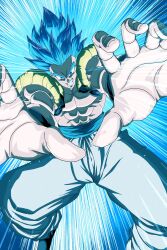  1boy abs absurdres black_vest blue_background blue_eyes blue_hair blue_sash blue_theme clenched_teeth cropped_vest dragon_ball dragon_ball_super dragon_ball_super_broly gogeta highres kazumax76 male_focus muscular muscular_male outstretched_arms pants sash solo speed_lines spiked_hair super_saiyan super_saiyan_blue teeth vest white_pants 