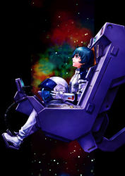blue_hair gundam unworn_headwear helmet unworn_helmet kamille_bidan male_focus nakamura_kanko pilot_suit sitting solo space spacesuit zeta_gundam