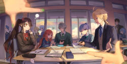 5boys 6+girls aether_(genshin_impact) ahoge alhaitham_(genshin_impact) alternate_costume ayaka_(genshin_impact) black_hair blonde_hair blue_eyes blue_hair blurry blurry_foreground braid brown_hair casual cellphone chair collared_jacket collared_shirt contemporary day desk female_pov fingernails fisheye flower-shaped_pupils furina_(genshin_impact) ganyu_(genshin_impact) genshin_impact green_eyes green_nails grey_hair hair_between_eyes hair_ornament hairclip height_difference high_ponytail highres holding holding_phone horns hu_tao_(genshin_impact) indoors jacket light_blue_hair light_bulb long_hair long_sleeves looking_at_another lumine_(genshin_impact) multicolored_hair multiple_boys multiple_girls nahida_(genshin_impact) nail_polish necktie nilou_(genshin_impact) notebook on_chair pants paserin_ekaku pencil phone ponytail pov pov_hands red_eyes red_hair school_chair school_desk school_uniform shirt short_hair single_braid sitting sleeves_past_wrists smartphone squiggle sweater symbol-shaped_pupils teaching twintails two-tone_hair venti_(genshin_impact) very_long_hair vest walking white_hair window wing_collar xingqiu_(genshin_impact) yellow_pupils zhongli_(genshin_impact)