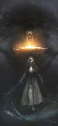  1boy 1girl absurdres artist_name black_hair bowl breasts copyright_name covered_eyes creature dark_souls_(series) dark_souls_iii dress facing_viewer father_ariandel fire habit highres holding holding_bowl holding_scythe hollow_eyes hood hood_up large_breasts long_hair long_sleeves nun open_mouth scythe sister_friede tripdancer 